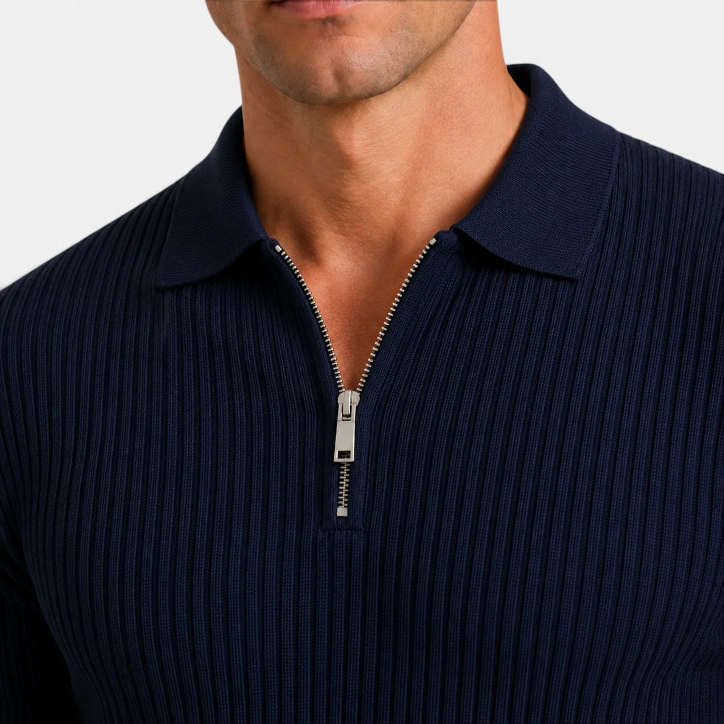 Men's Timeless Ribbed Knit Polo with Refined Zip Collar