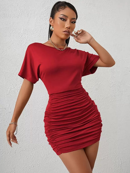 RUCHED BATWING SLEEVE DRESS