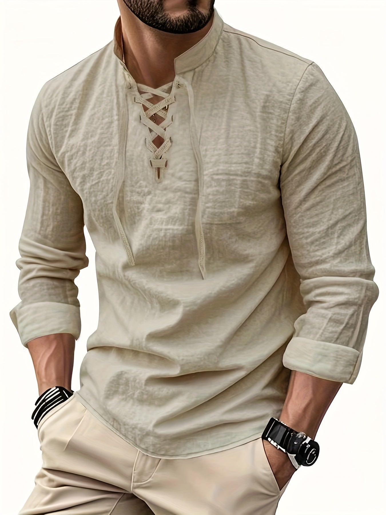 Valissen™ Coastal Drawstring Linen Polo – Relaxed Long Sleeve Summer Shirt
