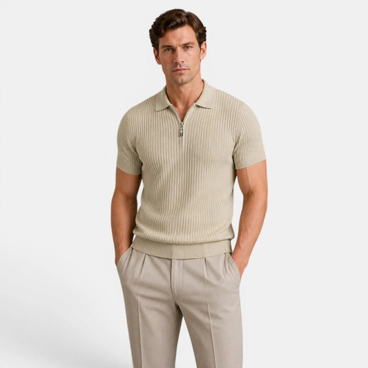 Men's Timeless Ribbed Knit Polo with Refined Zip Collar