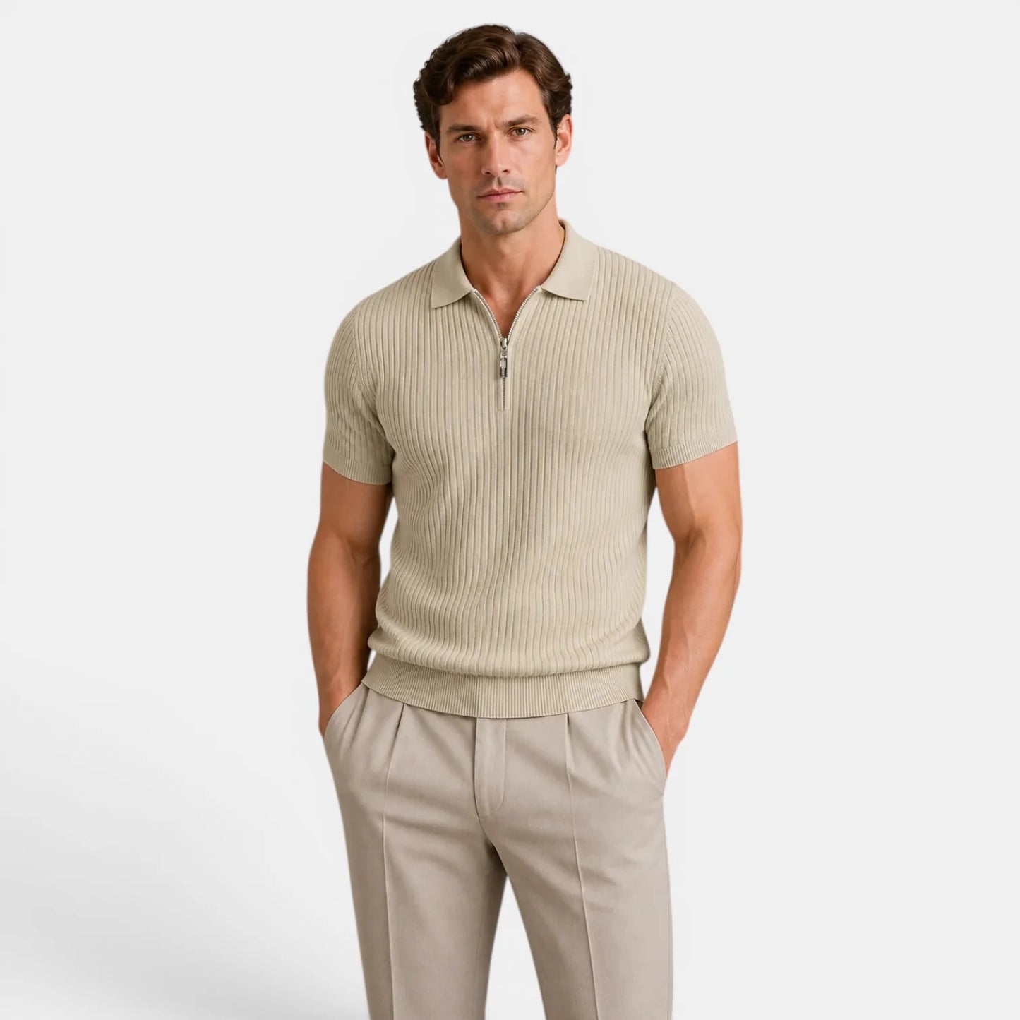 Men's Timeless Ribbed Knit Polo with Refined Zip Collar