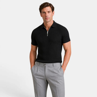 Men's Timeless Ribbed Knit Polo with Refined Zip Collar