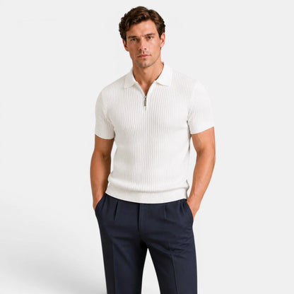 Men's Timeless Ribbed Knit Polo with Refined Zip Collar