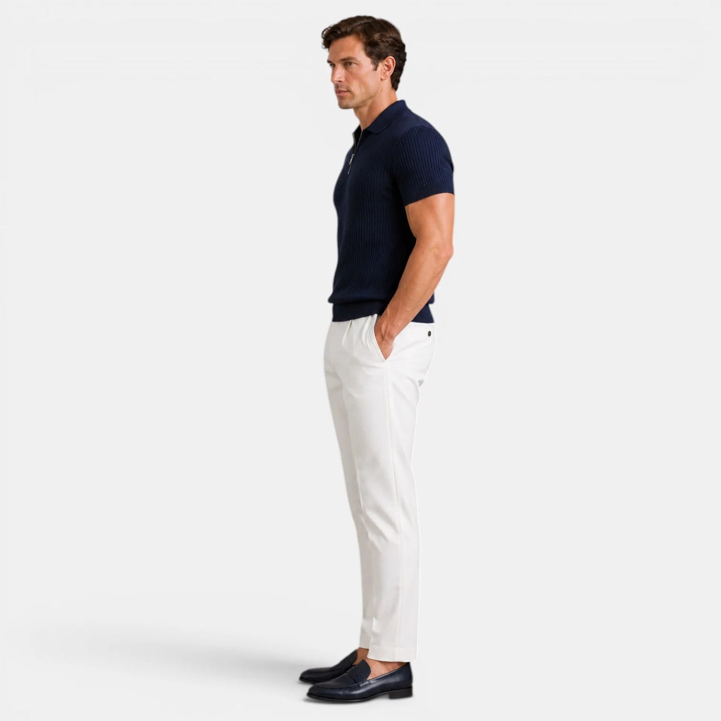 Men's Timeless Ribbed Knit Polo with Refined Zip Collar