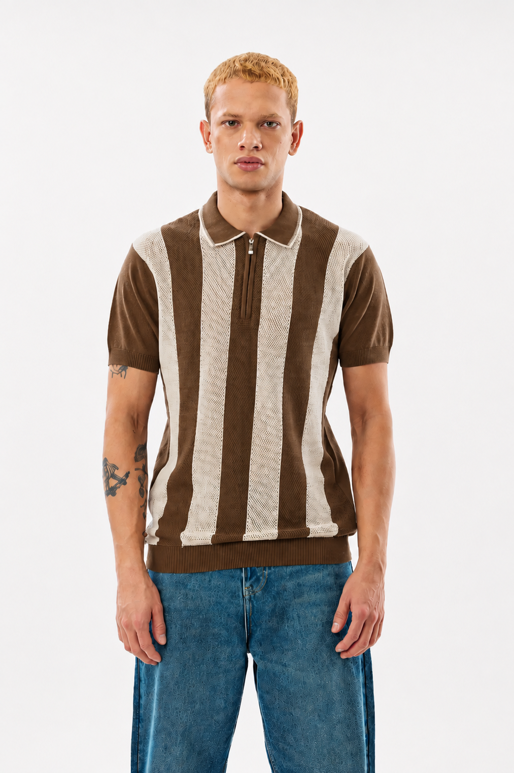 REGULAR FIT KNITTED ZIPPER POLO T-SHIRT