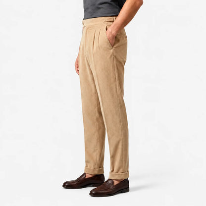 Men's Corduroy Pleated Trousers Classic Tailored Comfort Fit
