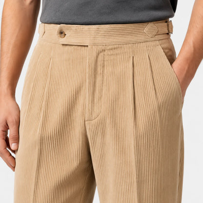 Men's Corduroy Pleated Trousers Classic Tailored Comfort Fit