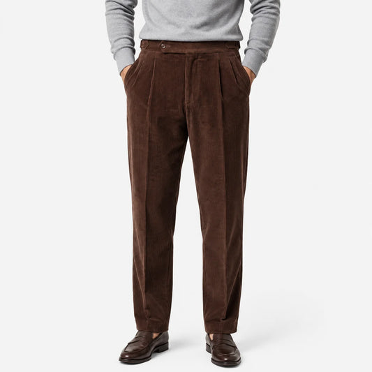 Men's Corduroy Pleated Trousers Classic Tailored Comfort Fit