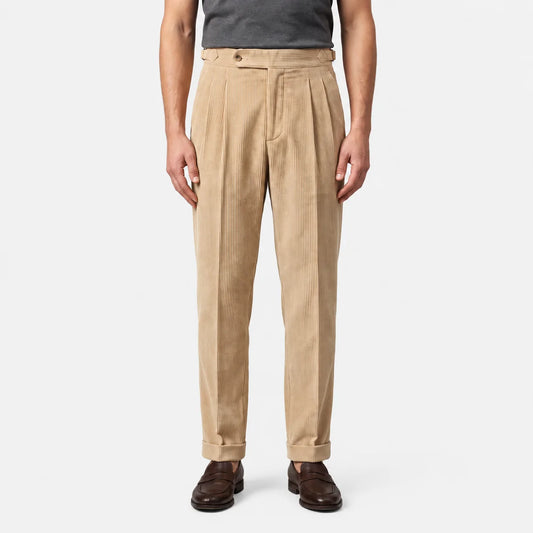 Men's Corduroy Pleated Trousers Classic Tailored Comfort Fit