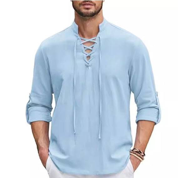 Valissen™ Coastal Drawstring Linen Polo – Relaxed Long Sleeve Summer Shirt