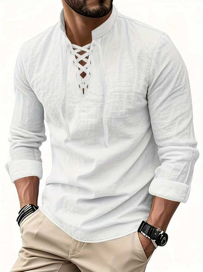 Valissen™ Coastal Drawstring Linen Polo – Relaxed Long Sleeve Summer Shirt