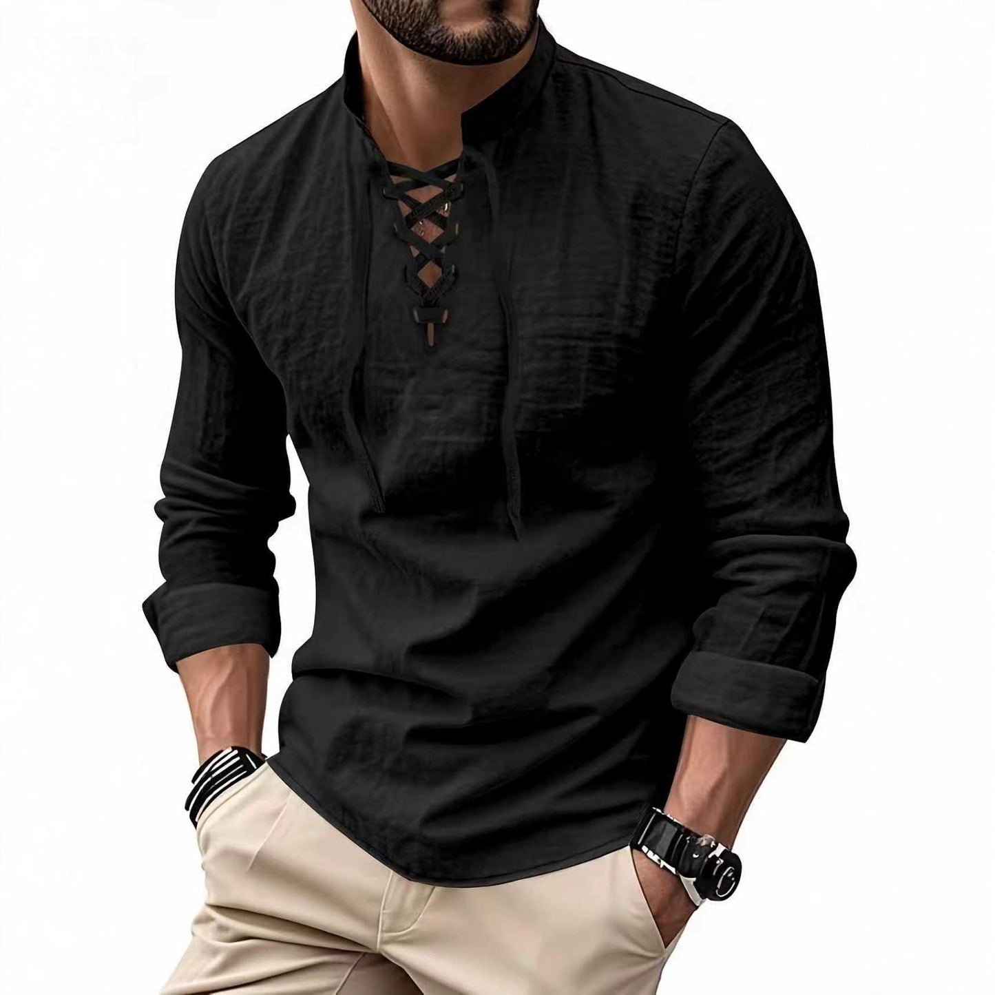 Valissen™ Coastal Drawstring Linen Polo – Relaxed Long Sleeve Summer Shirt