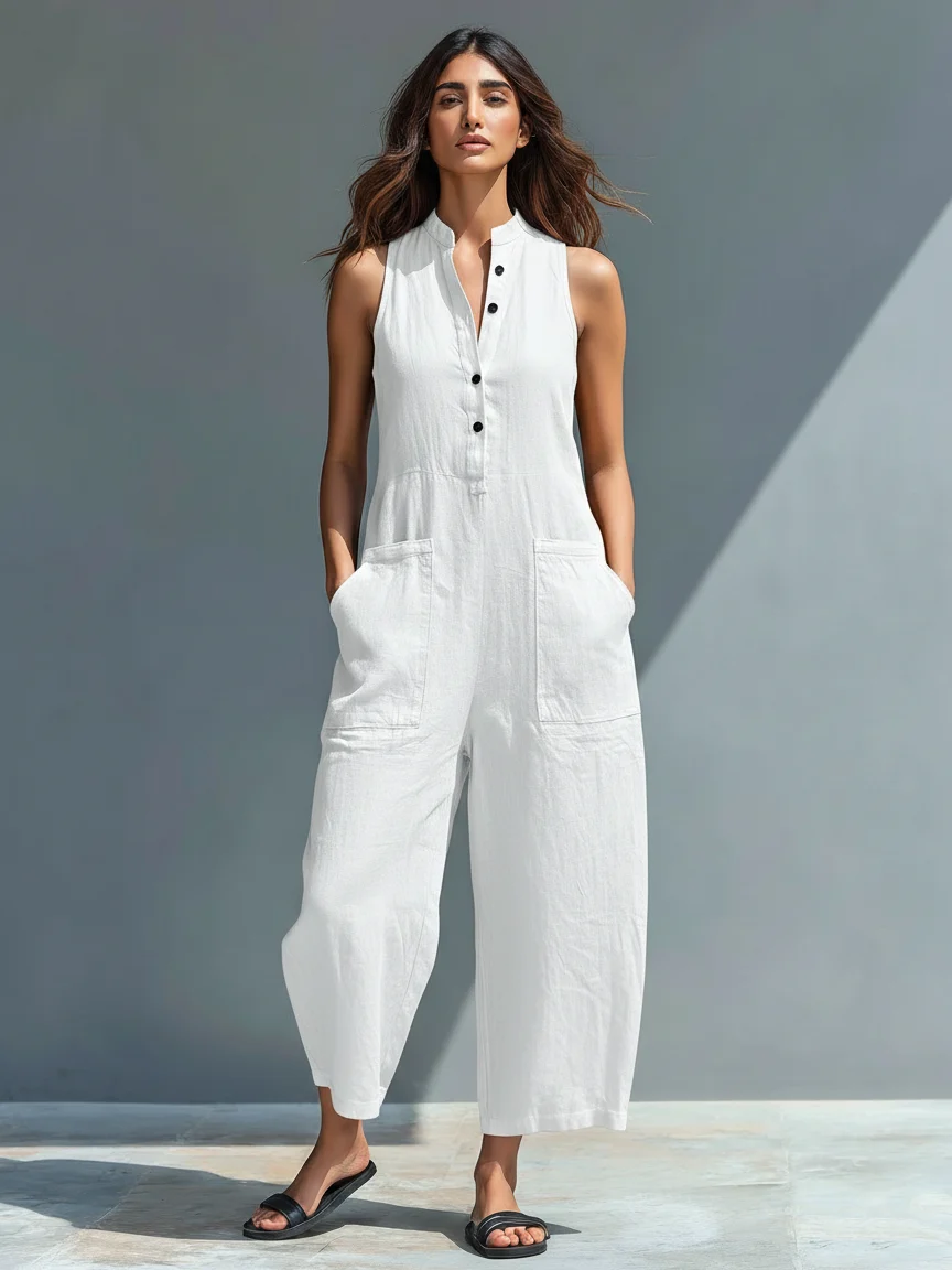 WOMEN'S MINIMALIST LINEN-BLEND JUMPSUIT
