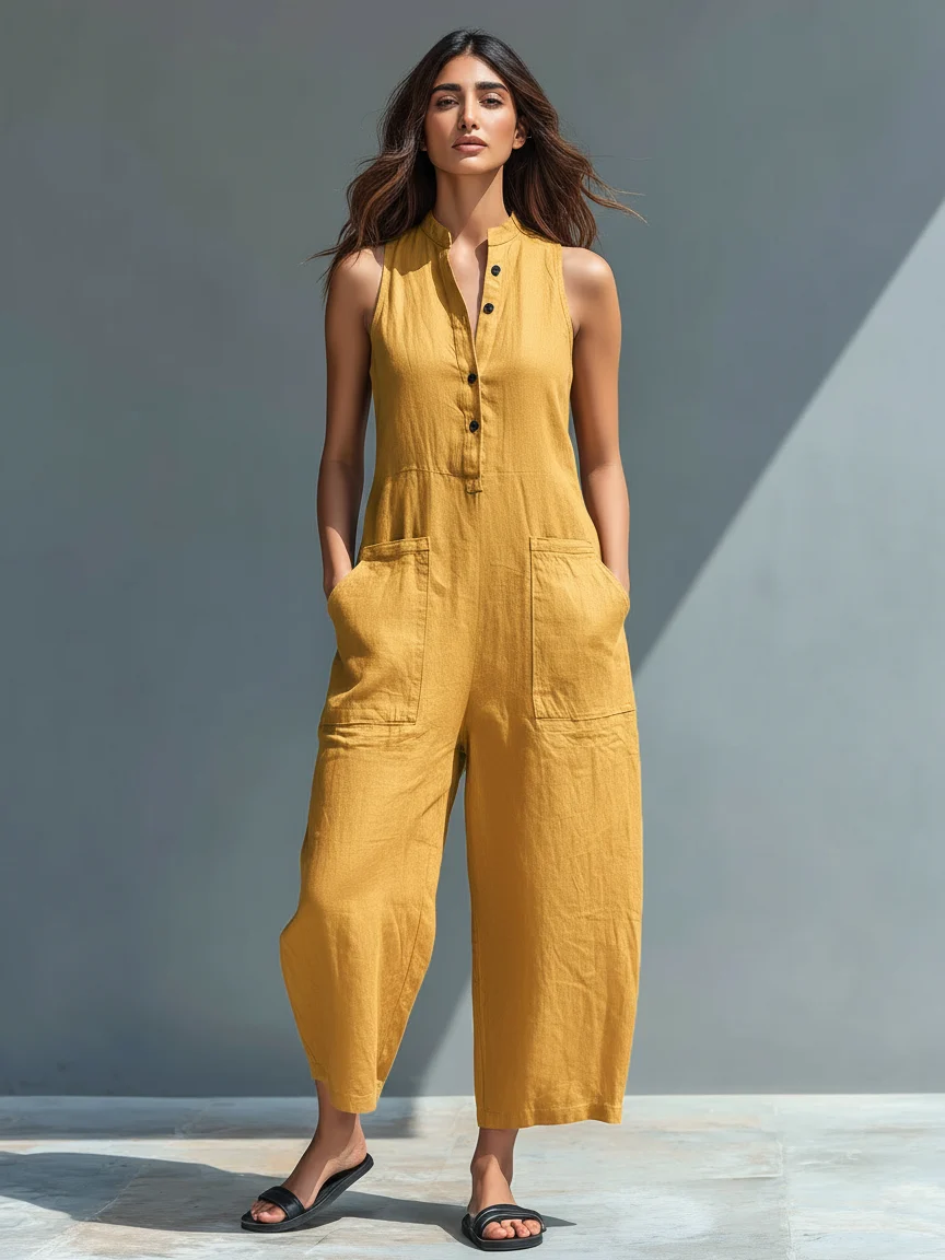 WOMEN'S MINIMALIST LINEN-BLEND JUMPSUIT