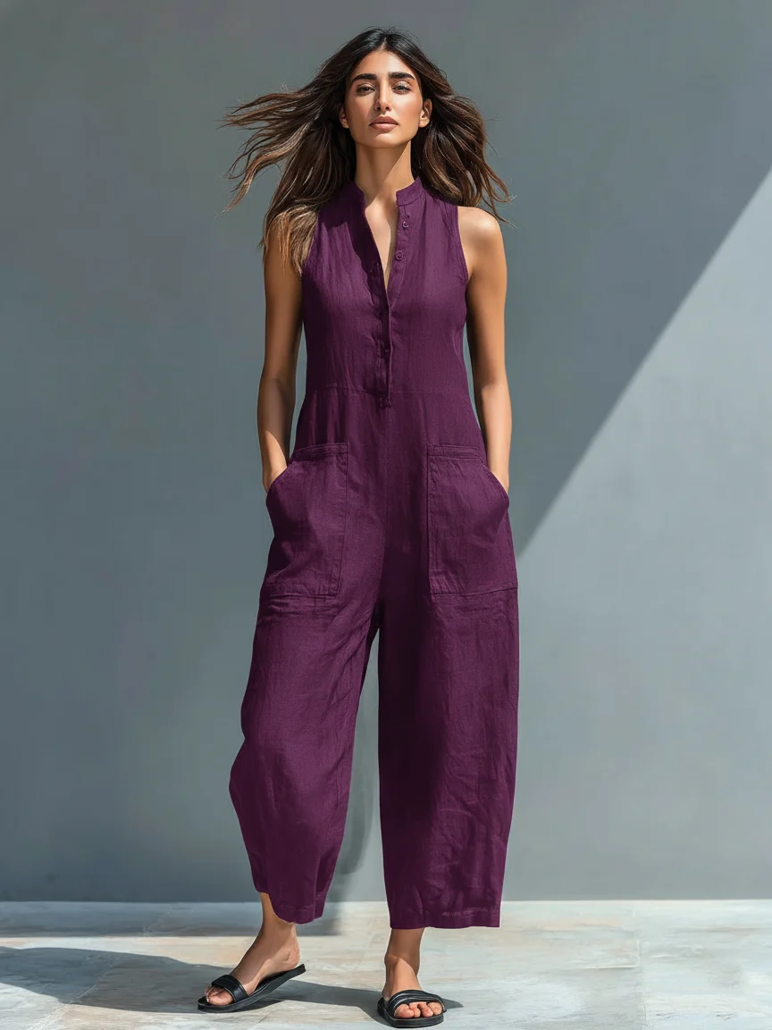 WOMEN'S MINIMALIST LINEN-BLEND JUMPSUIT