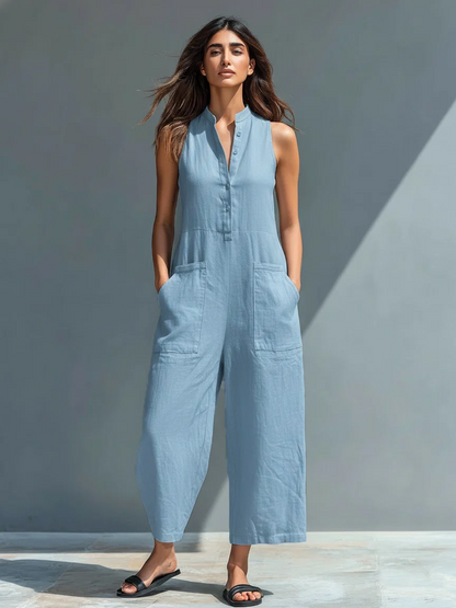WOMEN'S MINIMALIST LINEN-BLEND JUMPSUIT