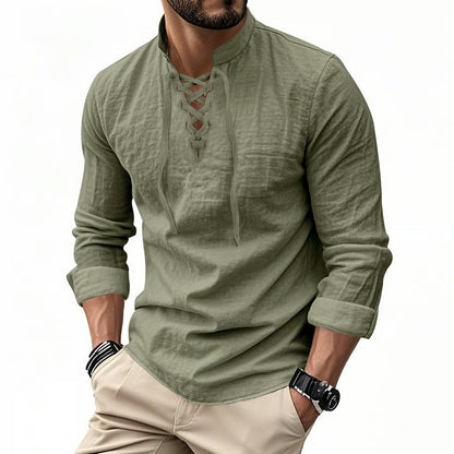 Valissen™ Coastal Drawstring Linen Polo – Relaxed Long Sleeve Summer Shirt