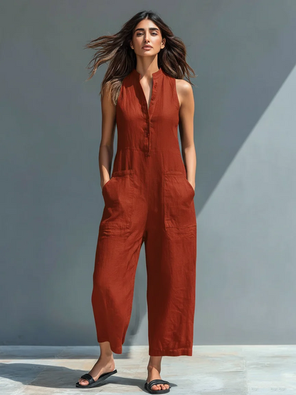 WOMEN'S MINIMALIST LINEN-BLEND JUMPSUIT