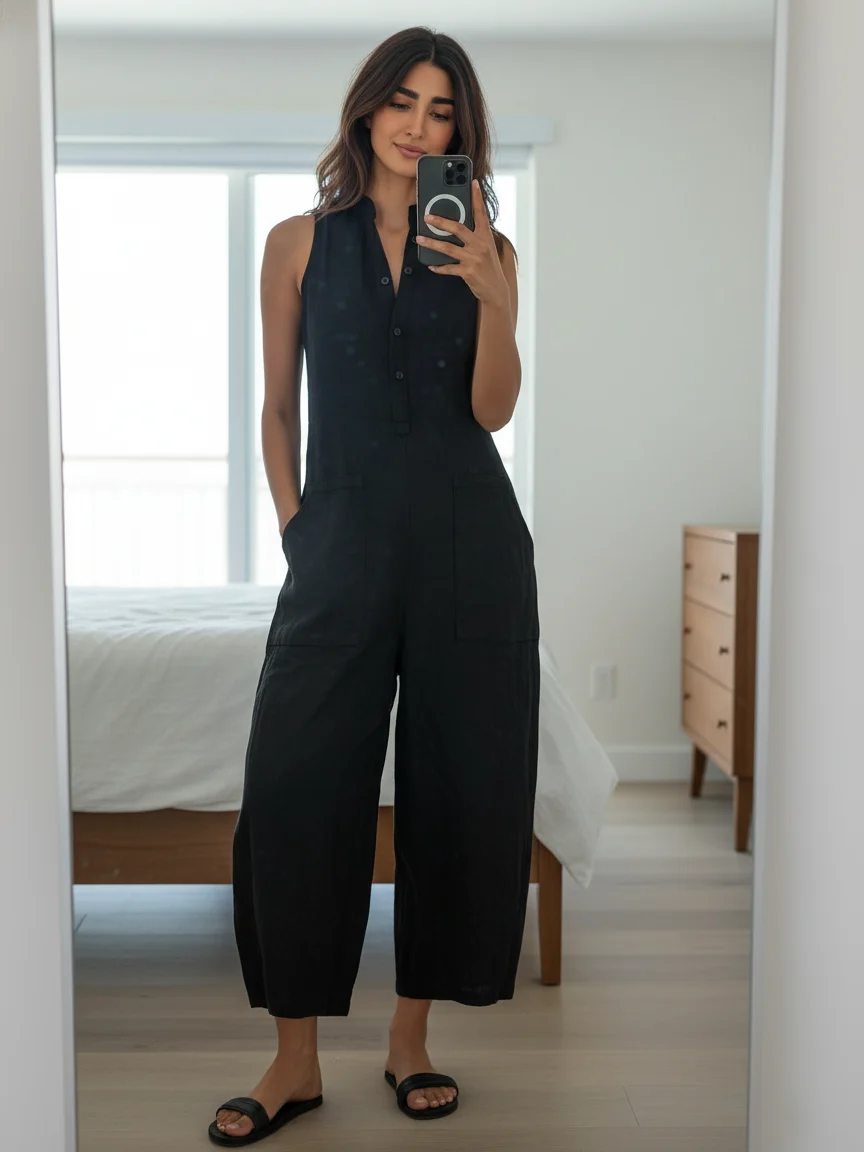 WOMEN'S MINIMALIST LINEN-BLEND JUMPSUIT