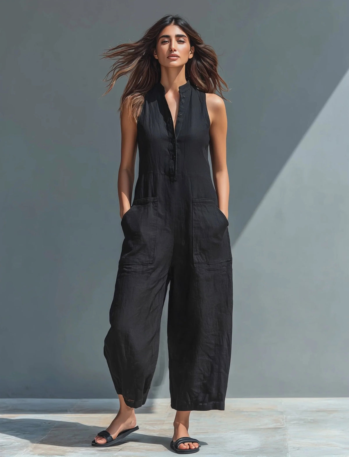 WOMEN'S MINIMALIST LINEN-BLEND JUMPSUIT
